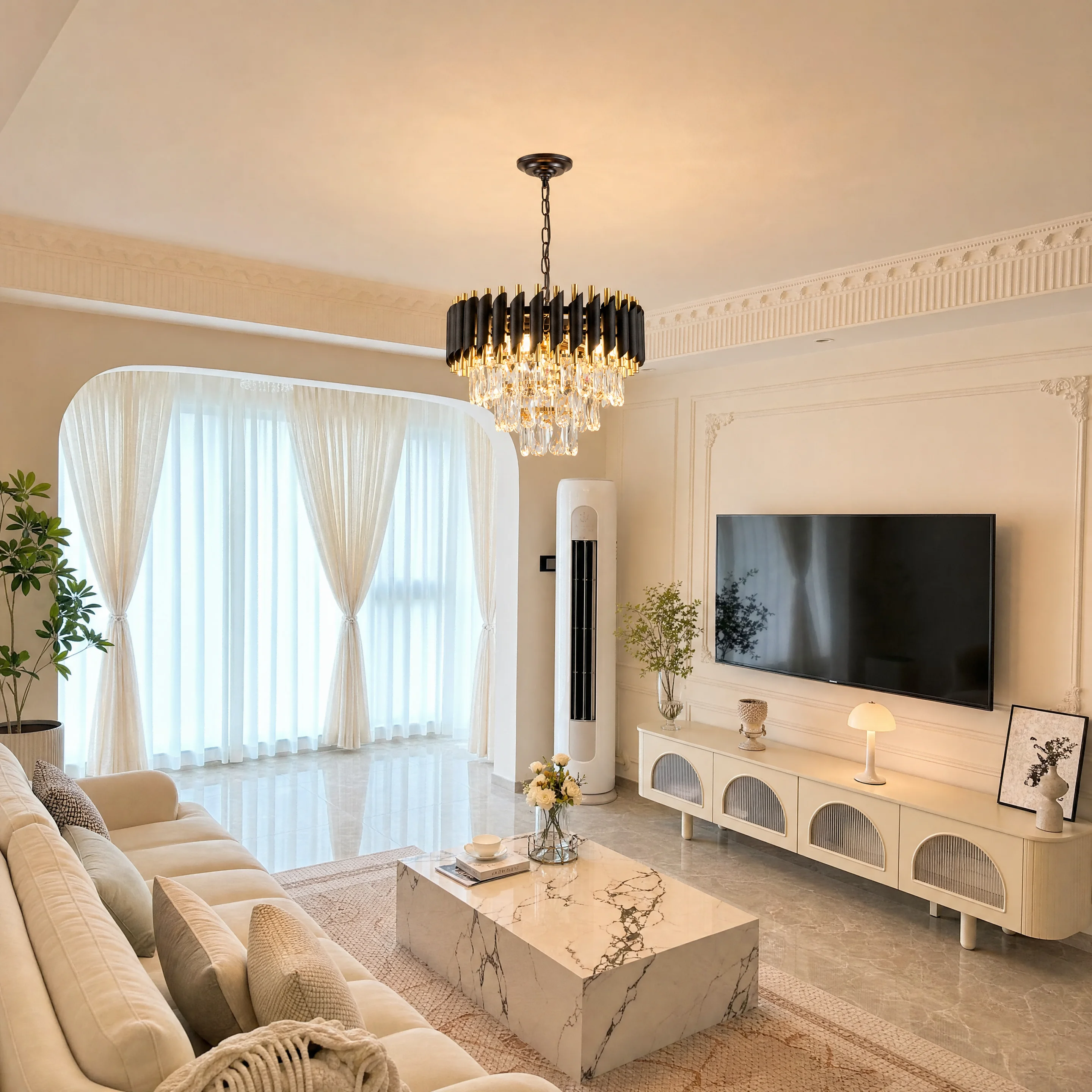 Modern Black and Gold Crystal Chandelier, Luxury K9 Crystal Dining Room Chandelier Light Fixture, Adjustable Chain Hanging Pendant Ceiling Light for Living Room Bedroom Foyer Entryway Kitchen Island Hallway