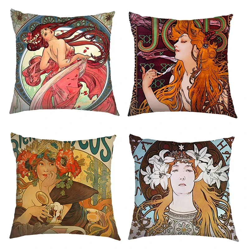 Pillow case Pillow cases 45x45 Oil Painting By Alphonse Mucha Cushion Covers Pillowcases Sofa Bedroom House Office Square