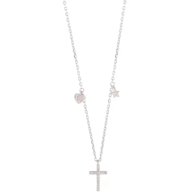 Fashion 925 Sterling Silver Cross Necklace Shiny Zircon Jesus Cross Pendant Religious Faith Accessories Wholesale