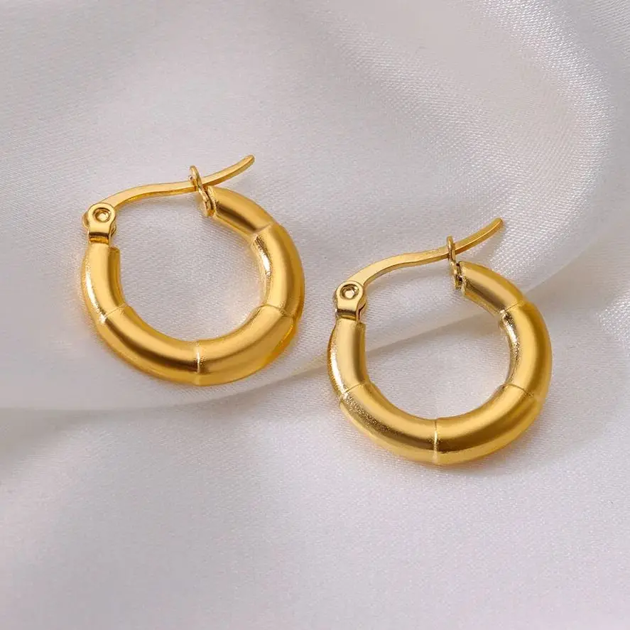 Pendientes de aro redondos brillantes para mujer, aretes gruesos de acero inoxidable, Color dorado, joyería de boda, regalo de San Valentín