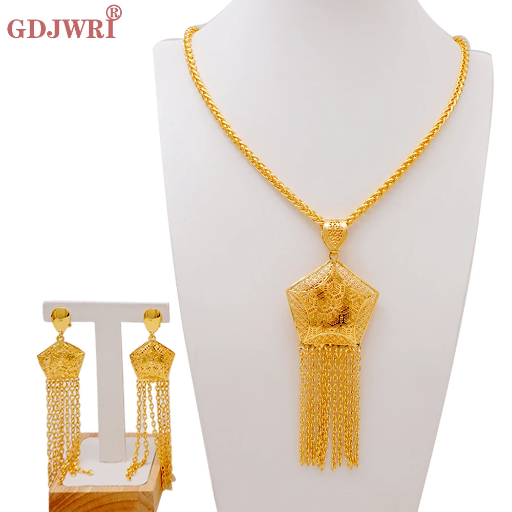 Fashion Charms Dubai Gold Color Tassels Pendant Necklace & Earrings Jewelry Set For Women Long Chain Weddings Accessory Gifts