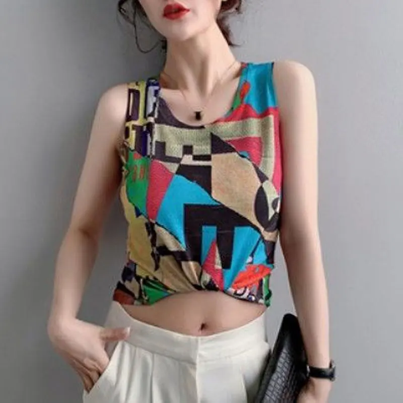 Women\'s Clothing Contrasting Colors Patchwork Sleeveless Tanks Fashion Printed Slim Round Neck 2023 Summer Daily All-match Camis