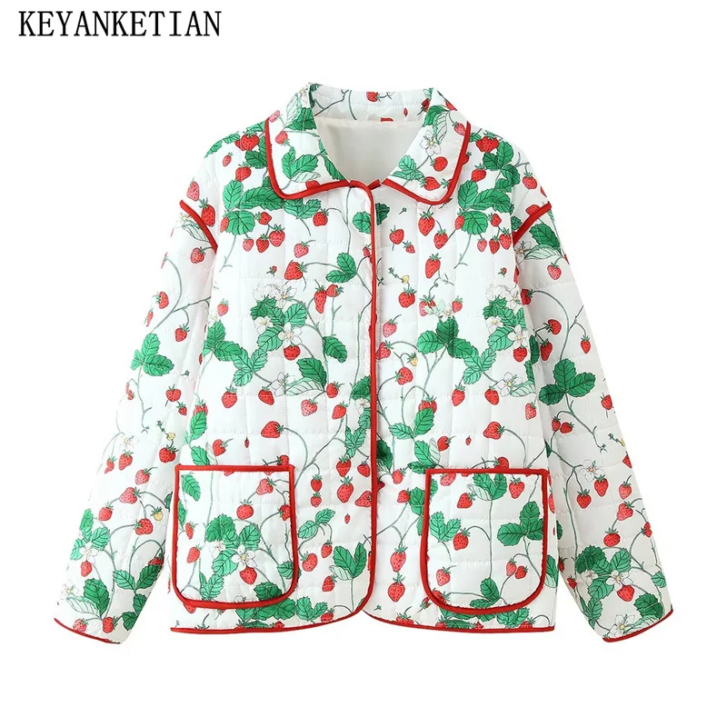 

KEYANKETIAN Winter New Style Lapel Long Sleeved Double Pocket Red Border Printed Cotton Jacket For Women With Cotton Jacket