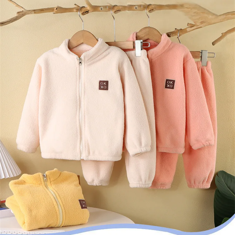 

Children Autumn Winter Warm Fleece Suits Baby Thickened Cardigan Top+Pants 2Pcs Outfits Boys Girls Homewear Clothing