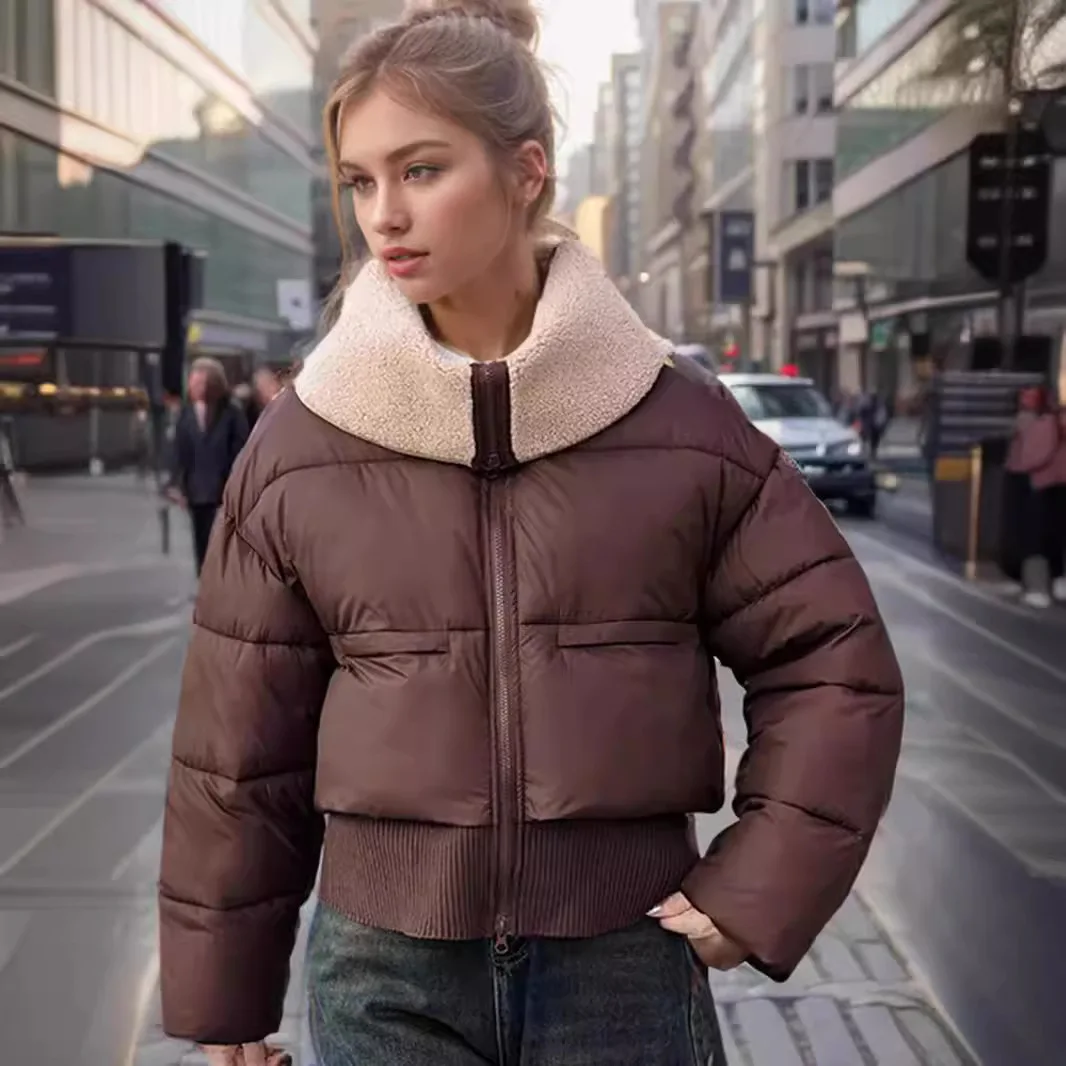 Katoenen Jas Met Hoge Taille Voor Dames, Winter 2024 Nieuw Item, Lamswol Grote Kraag, Dikke Tailleband