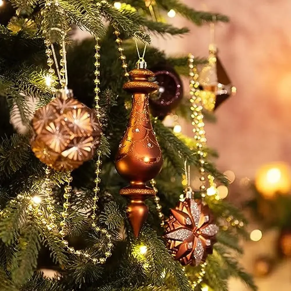 Luxury Christmas Ball Ornaments Set 90ct Bronze Copper Gold Shatterproof Fall Hanging Kit Faceted Teardrop Finial Snowflake Leaf