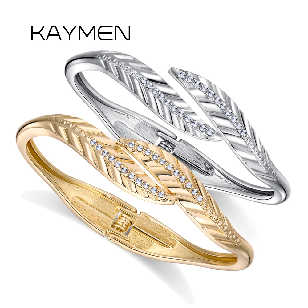 

Delicate Leaf Diamond Bangle Zinc Alloy Cast Women Luxury Wedding Bracelet Fashion Bride Jewelry Elegant Sparkling Design