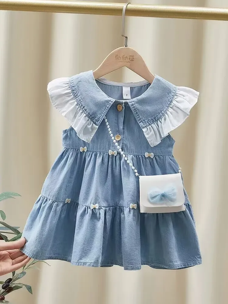 Baby Girls Denim Dress 2023 New Fashionable Children\'s Doll Neck Princess Dress Summer Kids Girls Sleeveless Dress NO Bag