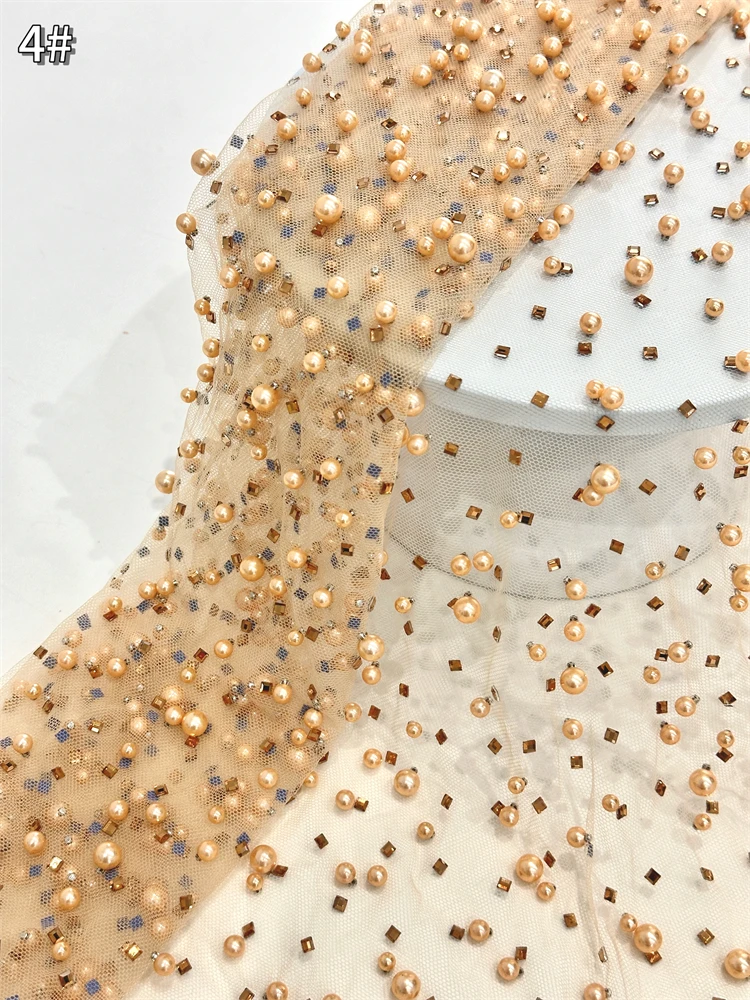 Tessuto di pizzo con perline pesanti per abito da sera, ricamo di pietre fatte a mano, cristallo da sposa, tessuto di pizzo francese di lusso, 2025