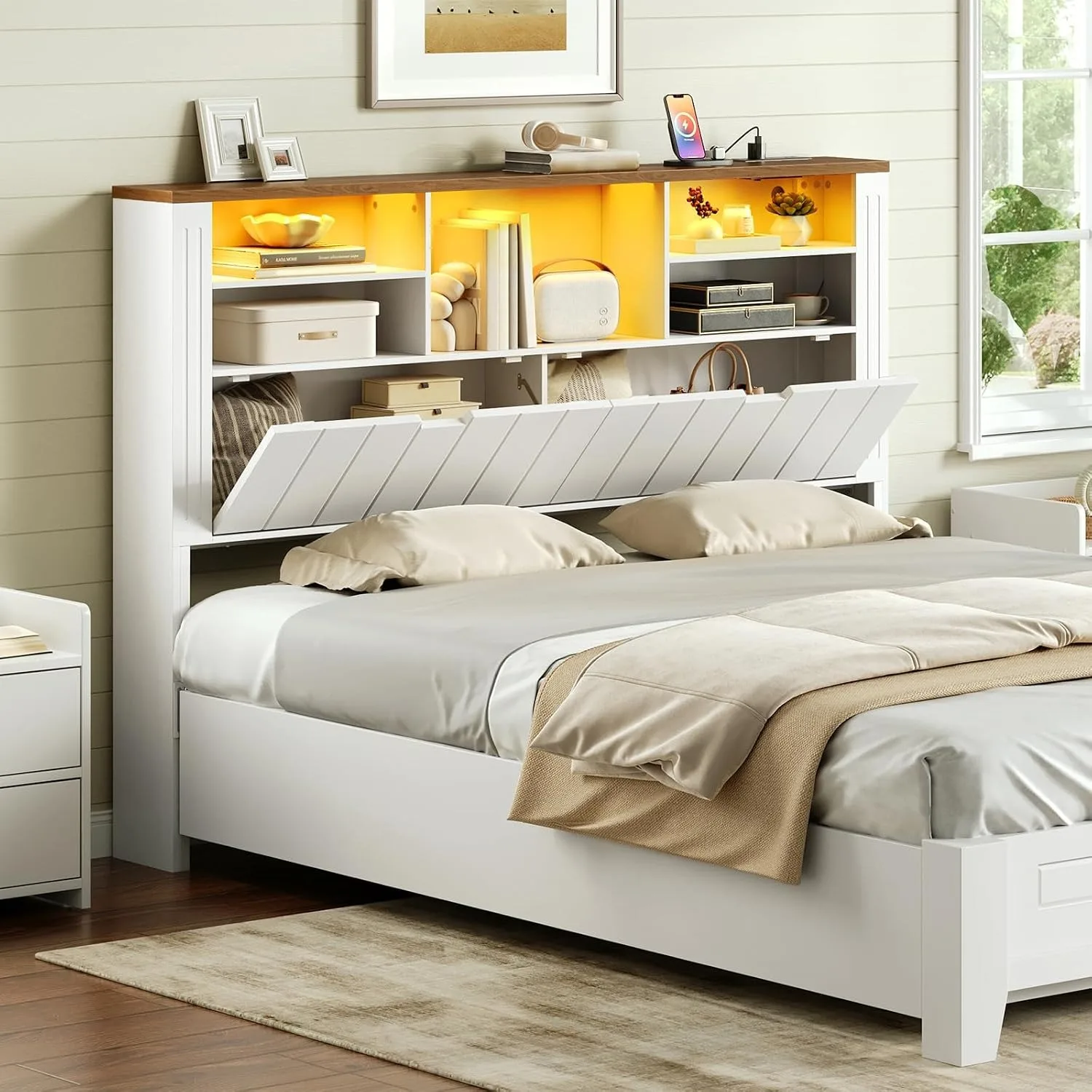 Queen Size Headboard Only with Storage, Bookcase Queen Headboard with Charging Station and LED Lights, Customized