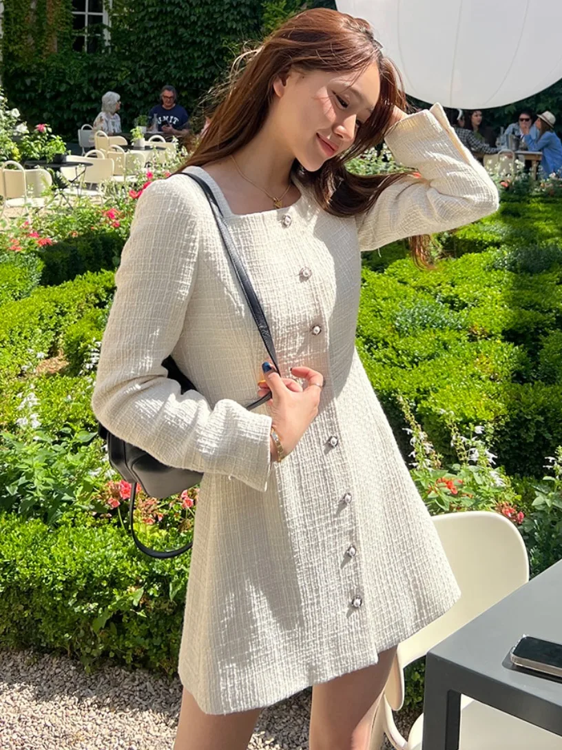 Vestido Curto de Gola Quadrada e Cintura Alta F Novo Estilo Coreano de Outono Moda de Rua Efeito Emaecimento Estilo ...