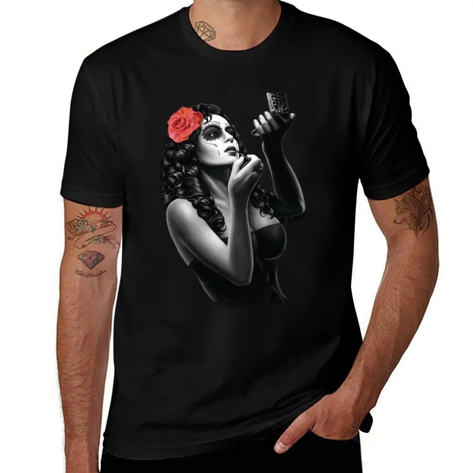 sugar skull tattoo girl with red rose art T-Shirt Soft Cotton Print T-Shirt