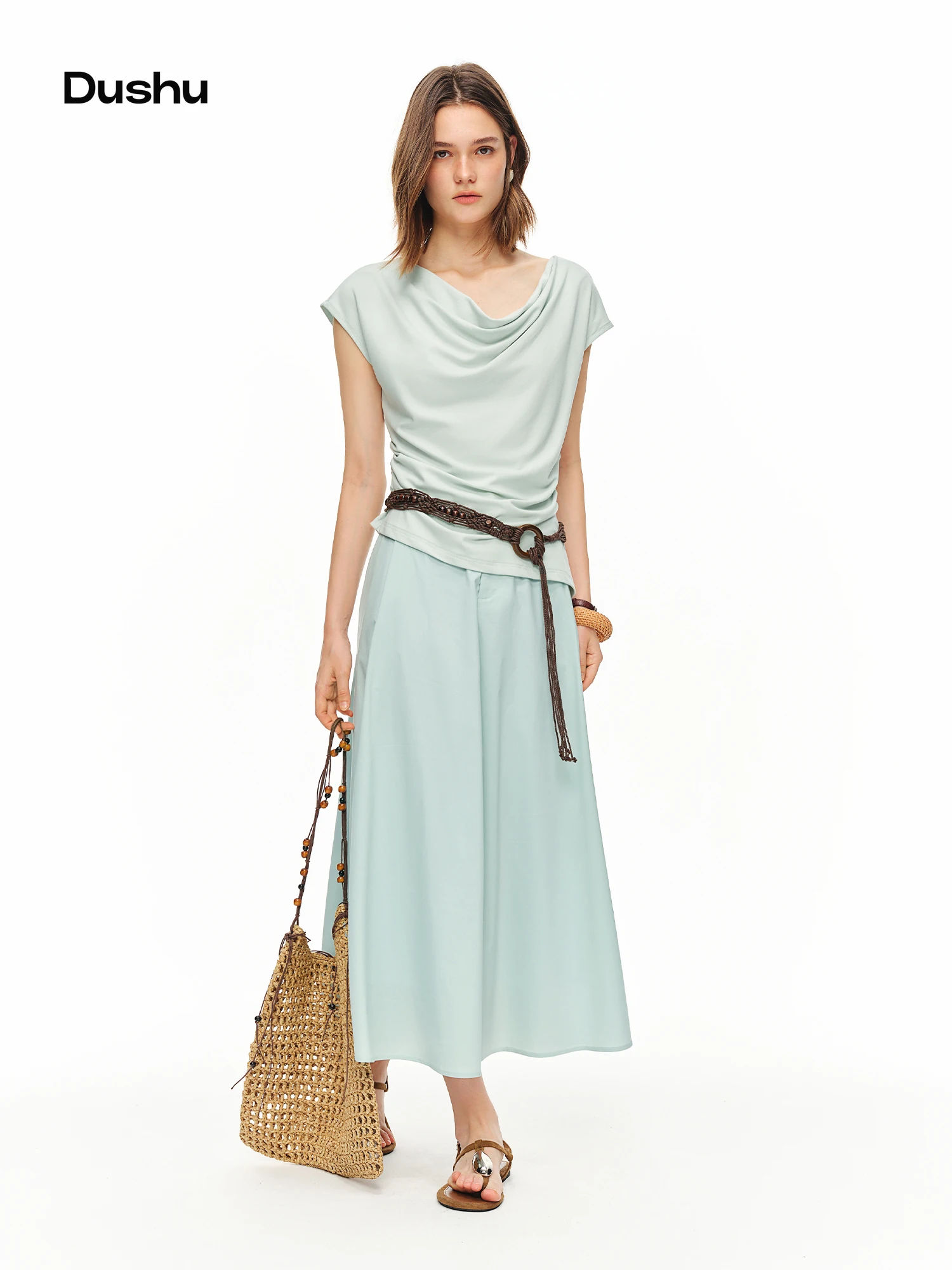 DUSHU Women French Stylish Chic Two-piece Set: Swing Collar T-shirt and Skirt Summer Age-reducing Minimalist Solid Commuting