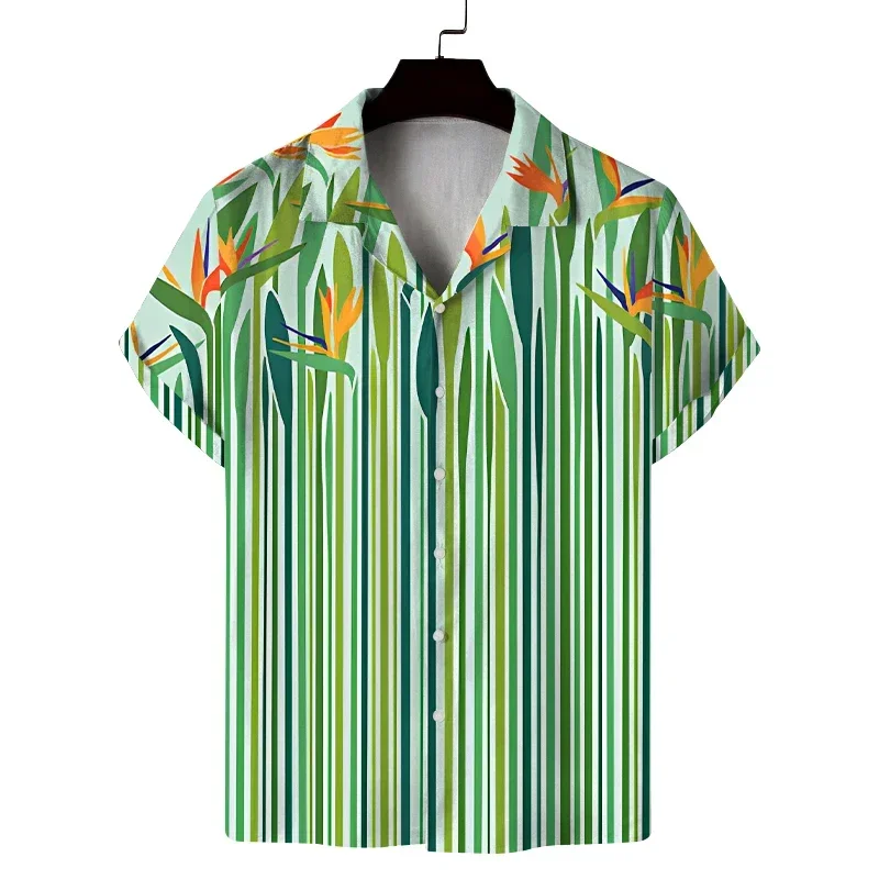 Fresh Green Vertical Striped Paradise Bird Full Printed Short Sleeved Shirt for Men's Hawaiian Island Vacation Loose Fit Shirt