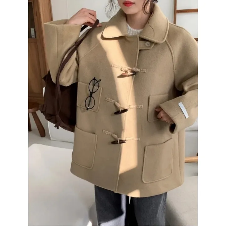 

Женское шерстяное пальто в Корейском стиле, зимнее шикарное винтажное свободное пальто на пуговицах, длинный свитер с отложным воротником-стойкой, цвет Thiened