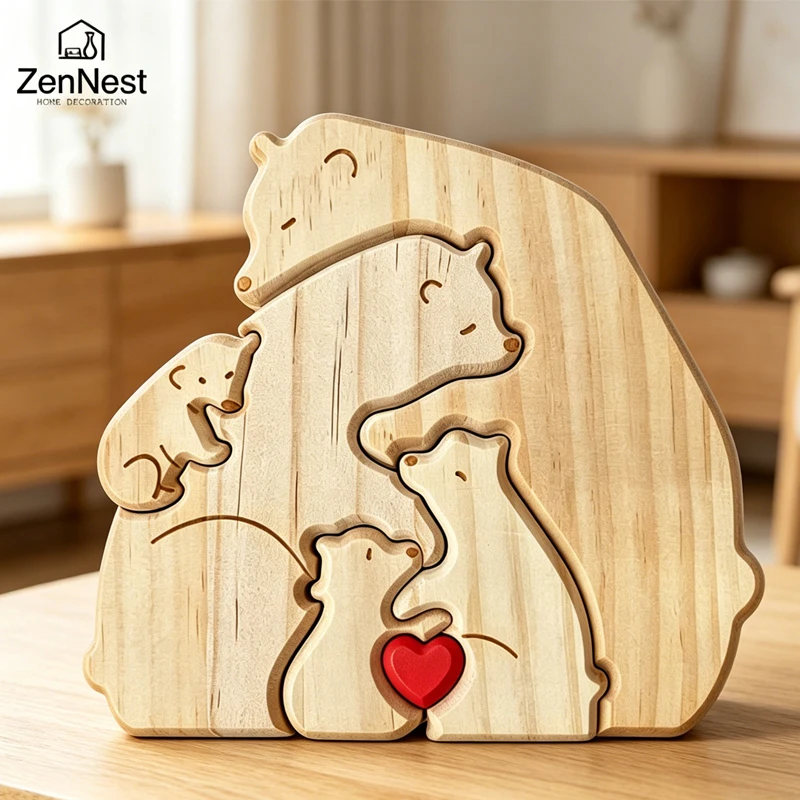 Wooden Puzzle Personalized Customized Bear Family Warm Birthday Gift Solid Wood Ornament Laser Engraving Home Decoration