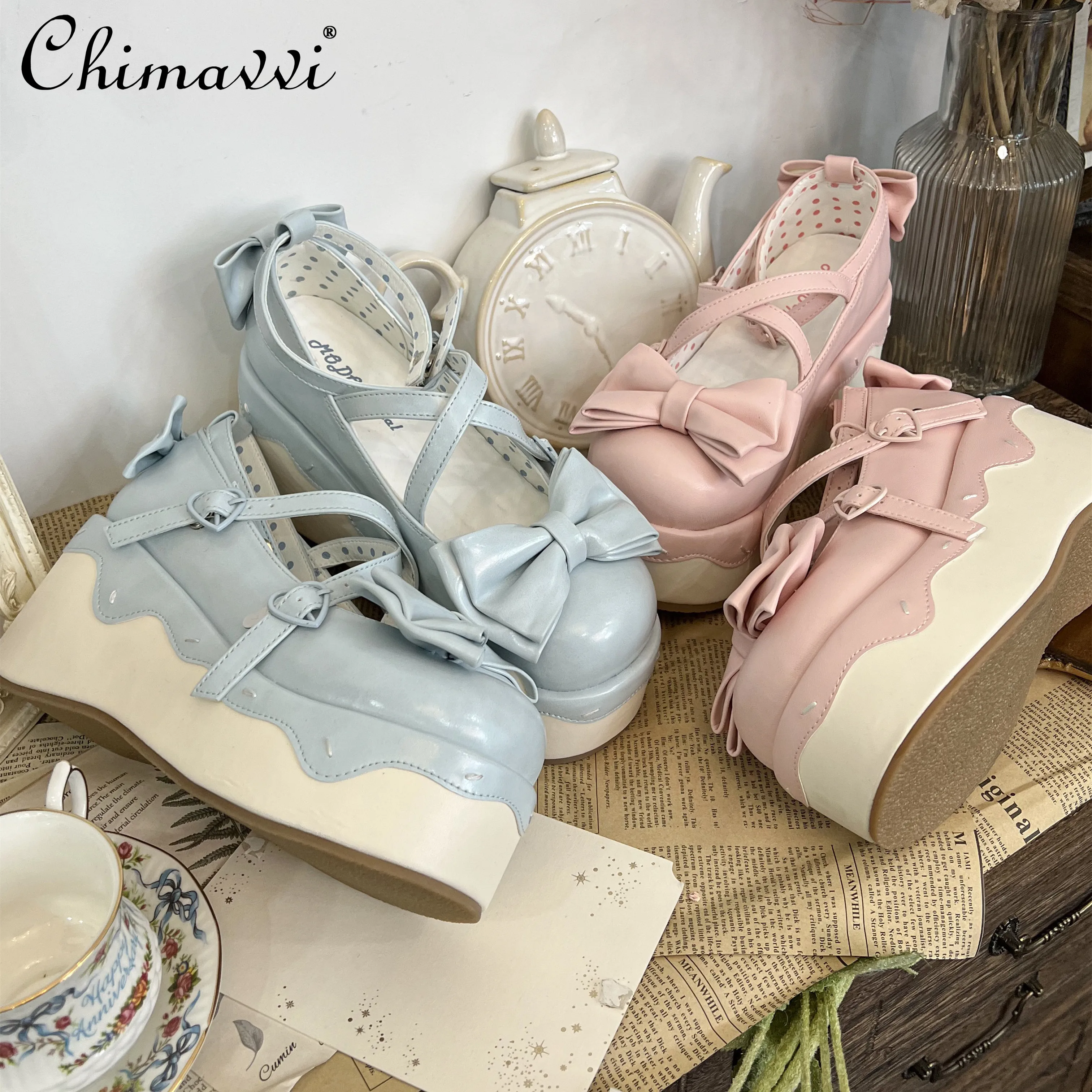 

Lolita Sweet Thick-soled Cute Round Head Bow Strap Muffin Shoes 2025 New Princess Temperament Retro Girl Women's High Heels