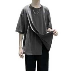 Japanese Half Sleeved Tops Men T Shirts Summer Korean Trend Handsome Solid Asymmetric Design T-Shirt Trendy Loose Hiphop Cotton