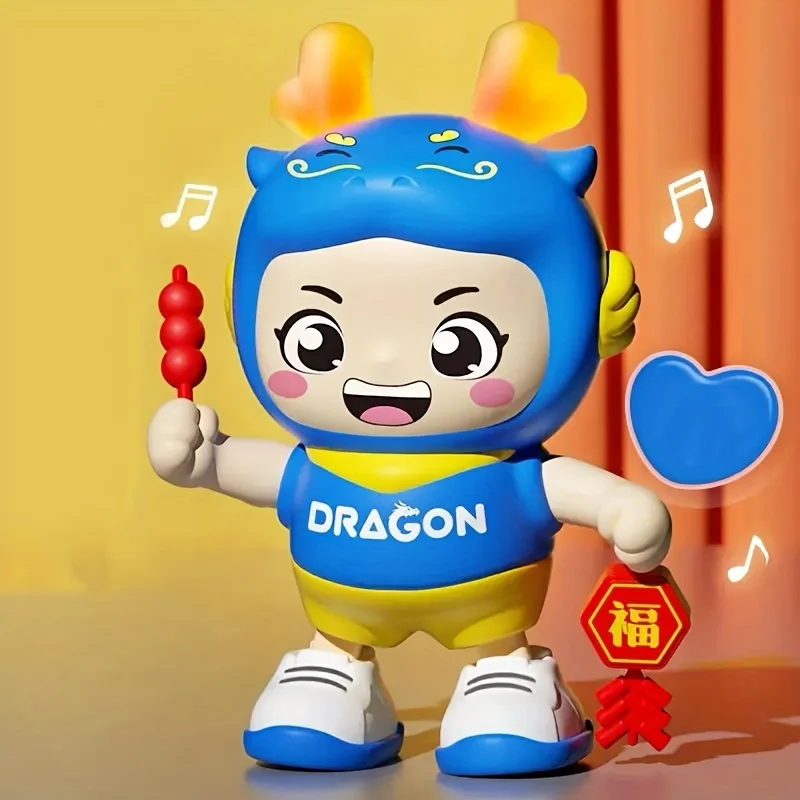 Giocattolo drago animato con luce e musica, mascotte dello zodiaco cinese, decorazione del festival, oggetto per feste per bambini, rosso/blu