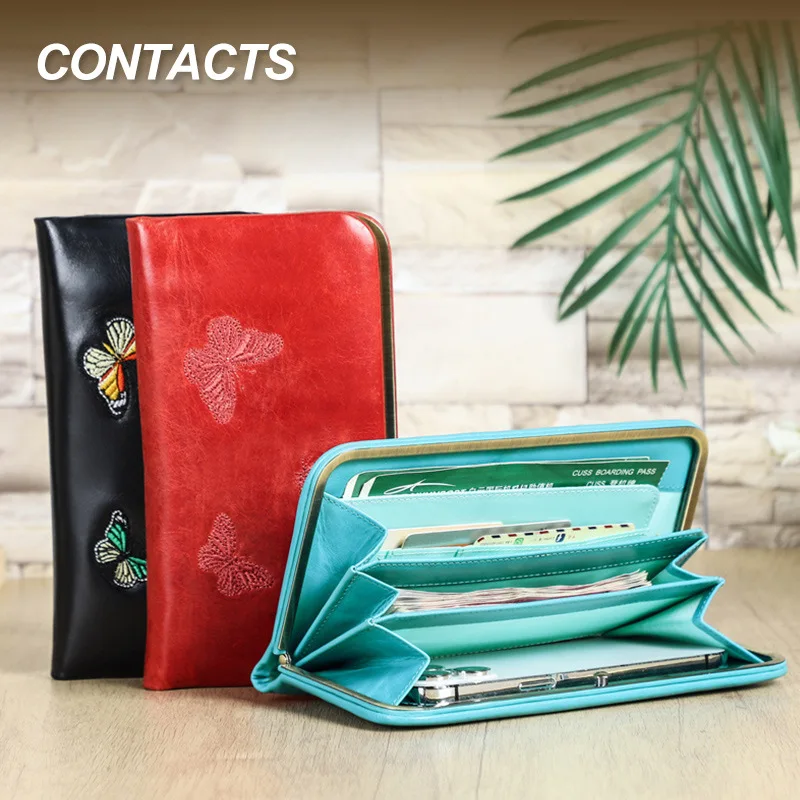 Long RFID Anti-Theft Leather Wallet for Women Top Layer Cowhide Embroidered Metal Zipper Genuine Leather Wallet