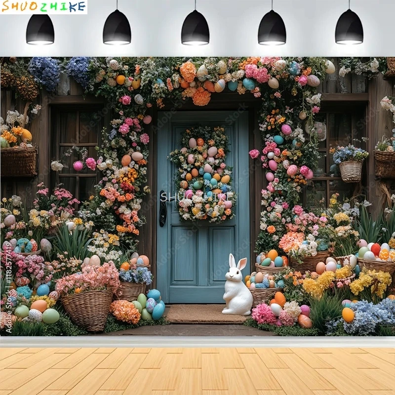 

Красочный пасхальный день цветочный фон для фотосъемки дверной проем яйца кролик пастельный химерный весенний сад фон для дня рождения HF06