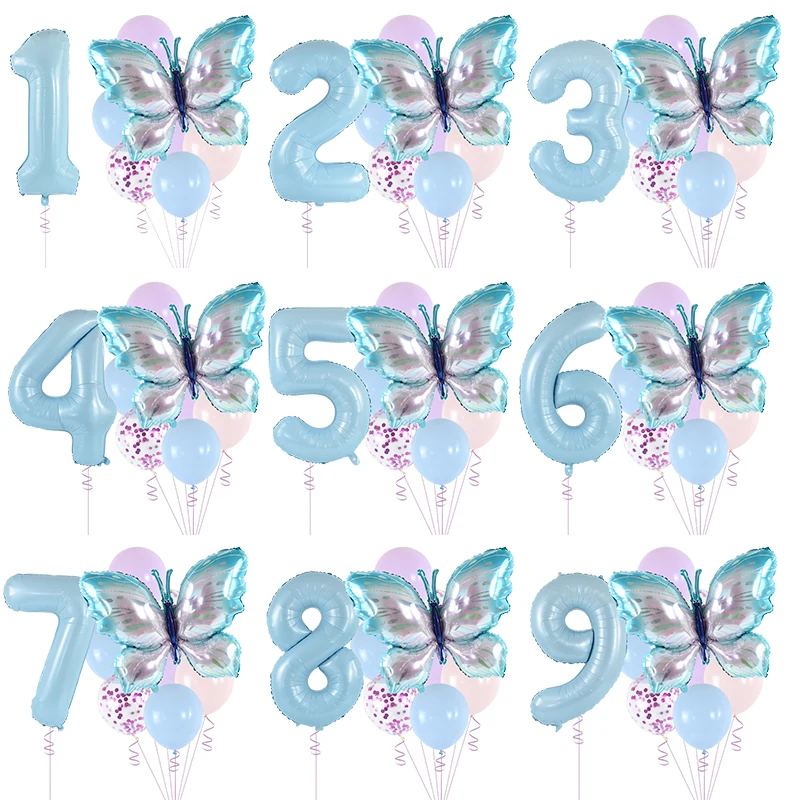 

9pcs/set Butterfly Number Balloons Set 40inch Blue Digital Balloon Baby Shower Birthday Party Decoration Wedding Globos Supplies