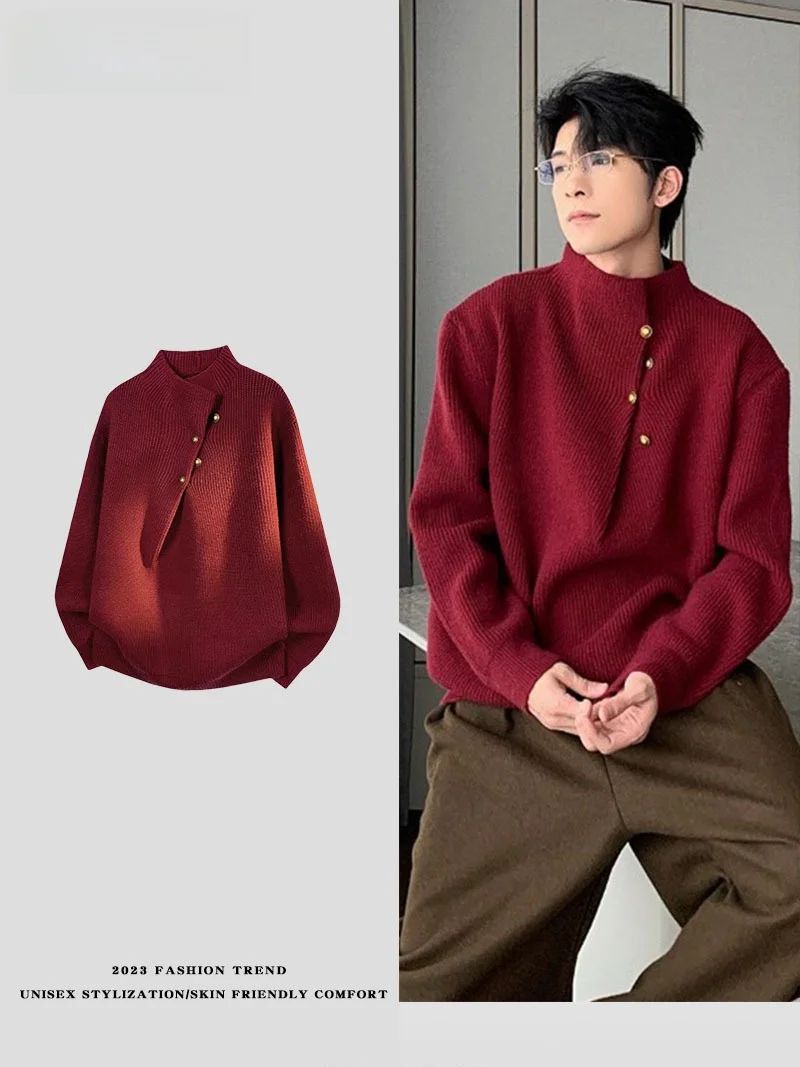 

LPLN Heavyweight Men's Knitted Sweater Casual Loose Fit Winter Faion Couple's Knitwear Red Color for New Year Celebration