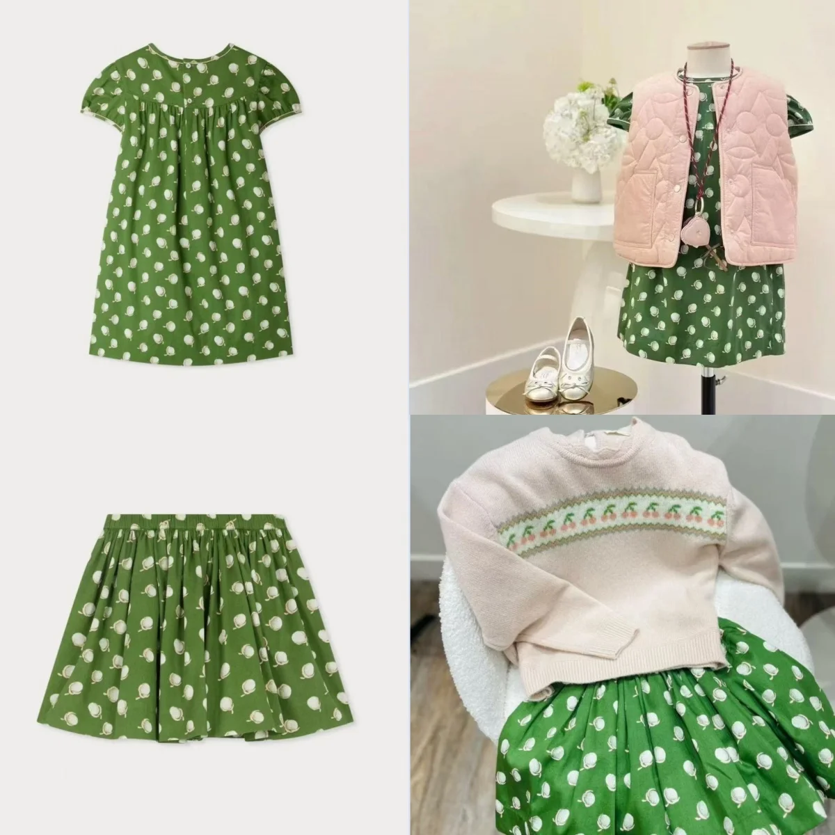 

2025 New BP Clothing Cherry Green Dress O-neck Summer Short Sleeves Cotton Girls Princess Polka Dot Dress Children Clothing