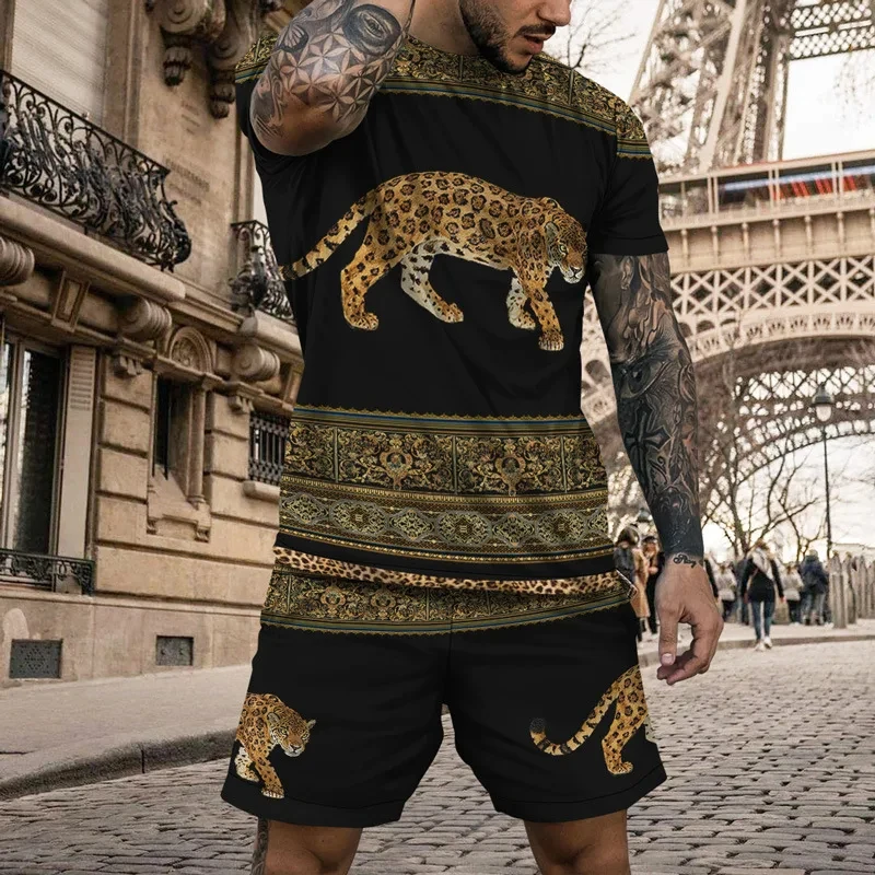 3D Printed Leopard Pattern Men Oversized T-shirt Shorts Set Fashion Short Sleeve Suit Plus Size Comfortable O-Neck Sports Top