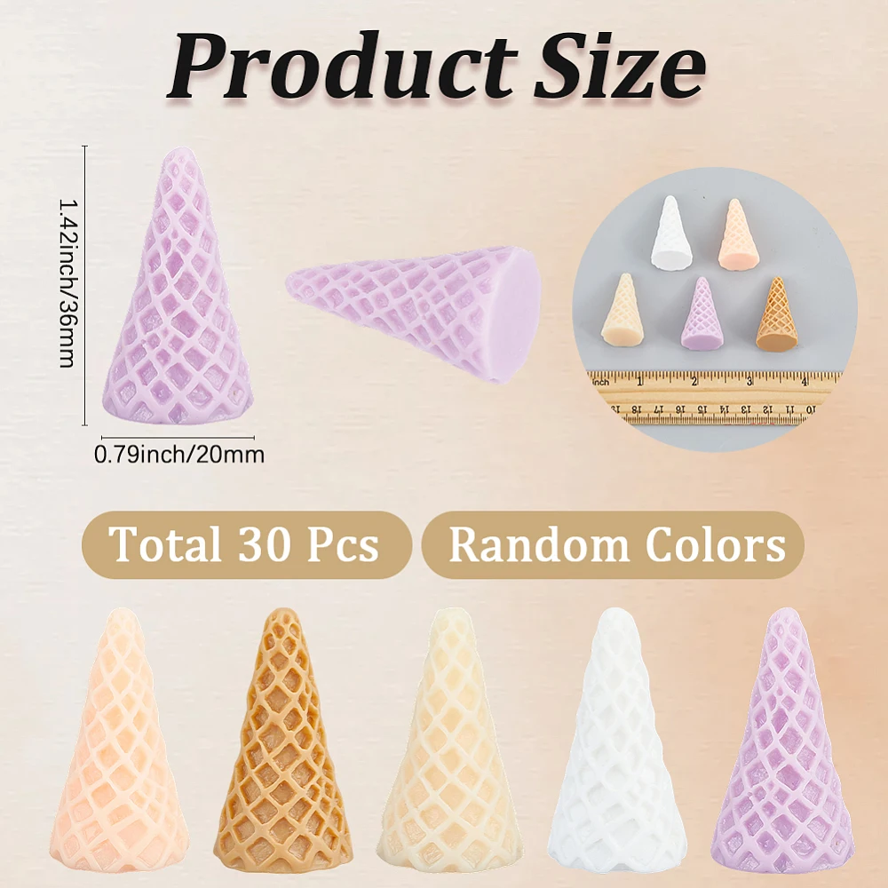 30Pcs Mini Ice Cream Cone Decorations Ice Cream Charms Bulk No Hole Cute Pink White Artificial Realistic Resin Models Miniature