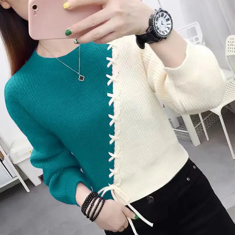 Autumn Winter Fashion Trend Lace Up Spliced Round Neck Sweaters Women\'s Clothing Korean Long Sleeve Contrast Color Knitted Tops