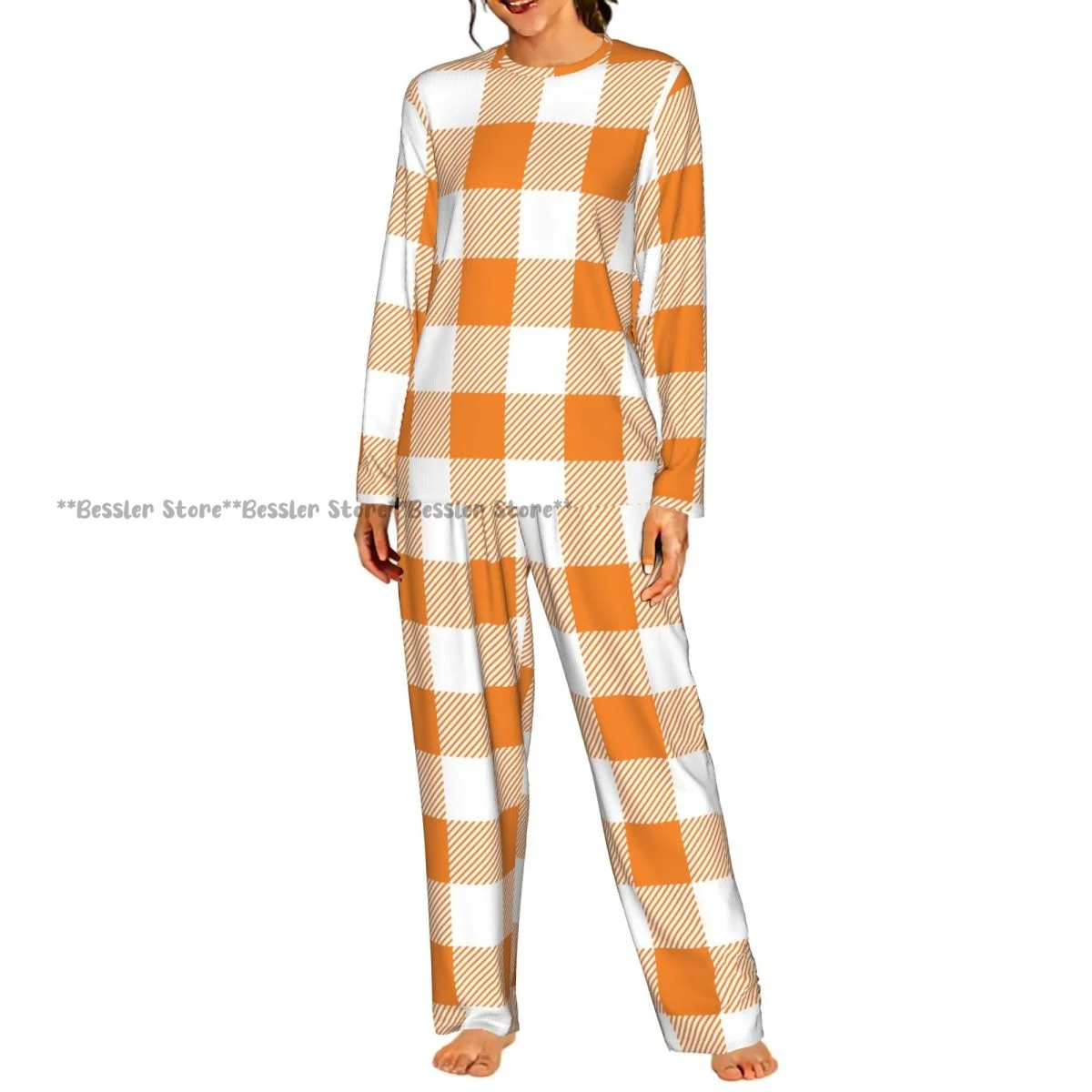 Conjunto de Pijama de 2 Piezas para Mujer, Cuello Redondo, Manga Larga, Pantalones Largos, Cuadros Naranja y Blanco, Ropa de Dormir Casual para Uso Diario