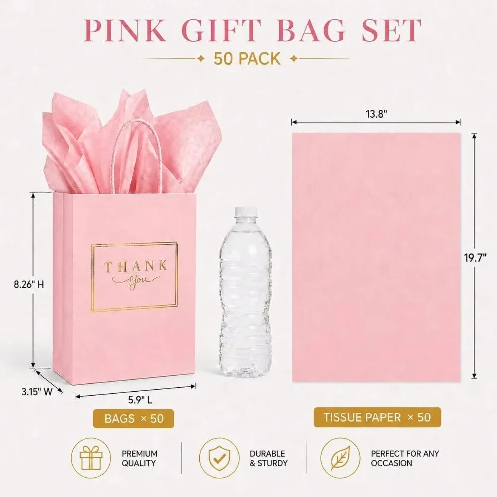 22pcs 8.27 * 5.91 * 3.15 Inches, Pink Kraft Paper Gift Bag with 