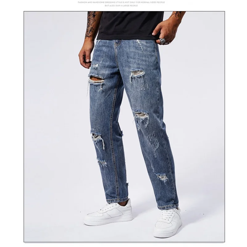 2024 Summer New Men's Perforated Jeans Loose Harun Retro Street Fashion Korean Edition Long Pants