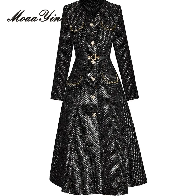 Autumn Winter Women's Coat V-Neck Long Sleeved Single-breasted Lace-Up Fashion Runway Black Overcoat High Quality