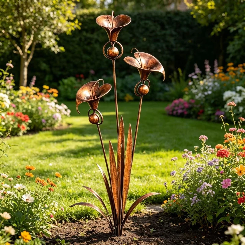 Flamed Copper Garden Floor Socket Three Calla Lilies Metal Floral Yard Art Garden Sculpture Floor Socket Outdoor Decoration