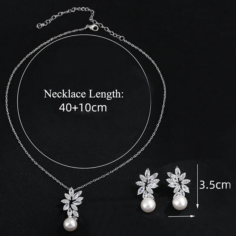 Luxury Silver Color AAA+ Cubic Zirconia Women Big Pearl Necklace Pendant and Earrings Jewelry Sets Gift