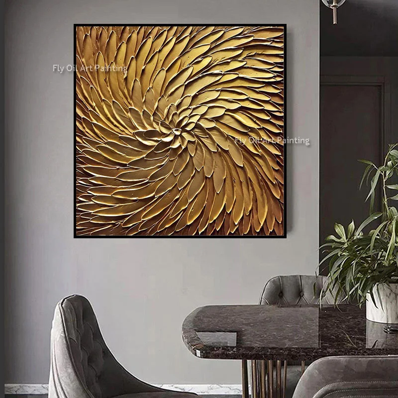 Square Golden Bloom Texture Artwork, Handcrafted Heavy Impasto Wall Painting, High-End Home Decor