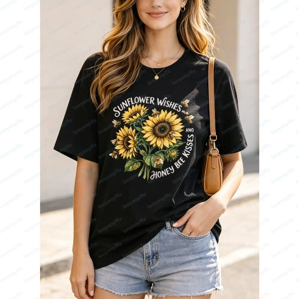 Sunflower Bee Graphic Women T Shirt, Sunflower Wishes Honey Bee Kisses Letter Print Soft Fashion Short Sleeve Ladies Casual Tee