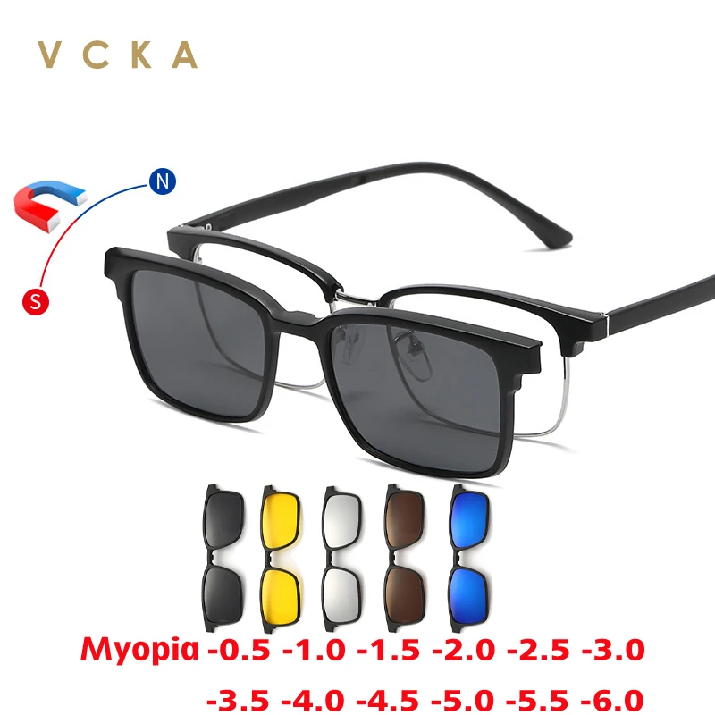 VCKA Square Myopia Polarized Sunglasses 6 In 1 Clip Magnet Business Men Women Clip Magnet Glasses Custom Optical Eyewear -0.5 to