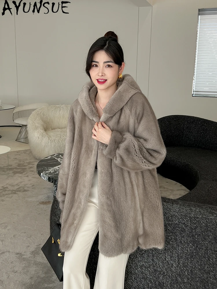 เสื้อโค้ทขนมิงค์กำมะหยี่ธรรมชาติ AYUNSUE เสื้อโค้ทขนมิงค์เต็มตัวมีฮู้ดสำหรับผู้หญิง เสื้อผ้าคุณภาพสูง เสื้อโค้ทฤดูหนาว 2025 Abrigo Mujer