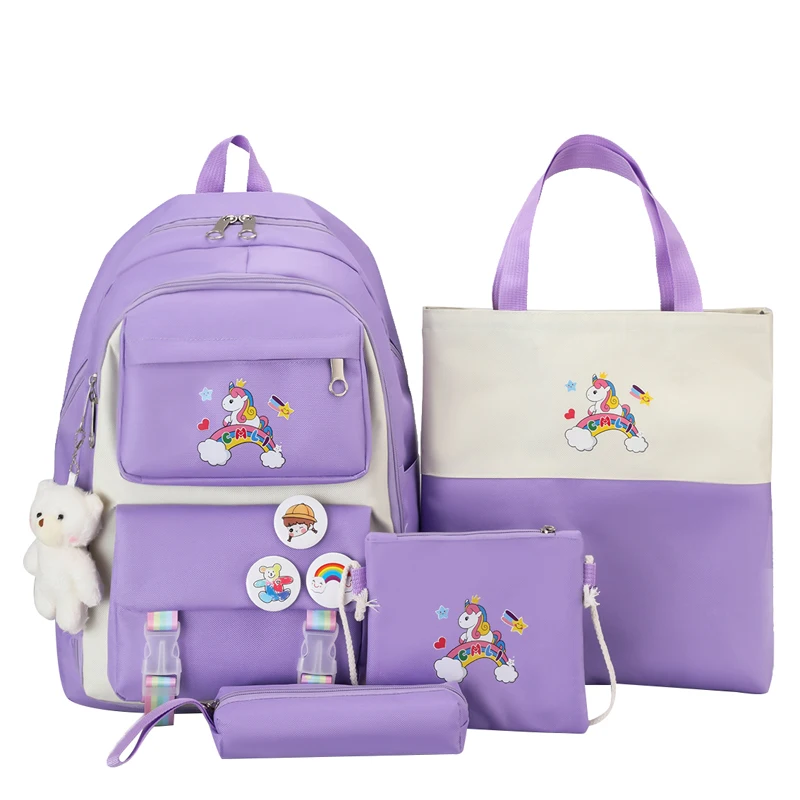 

4 piece set kids backpacks for teen girl cute unicorn school bags for girls Stamp Accessories student backpack bag pencil case