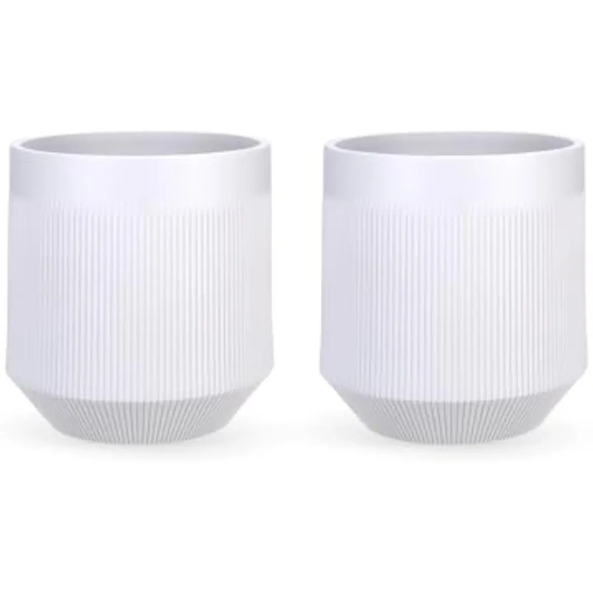 Plastic Nordic-style double-wall self-watering planters with ribbed texture, drainage holes, detachable base tray, weatherproof