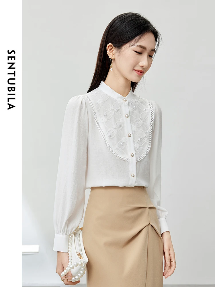 SENTUBILA Stand Neck White Shirts for Women 2024 Spring Autumn Elegant Spliced Mesh Long Sleeve Tops Woman Clothing 141C54190X