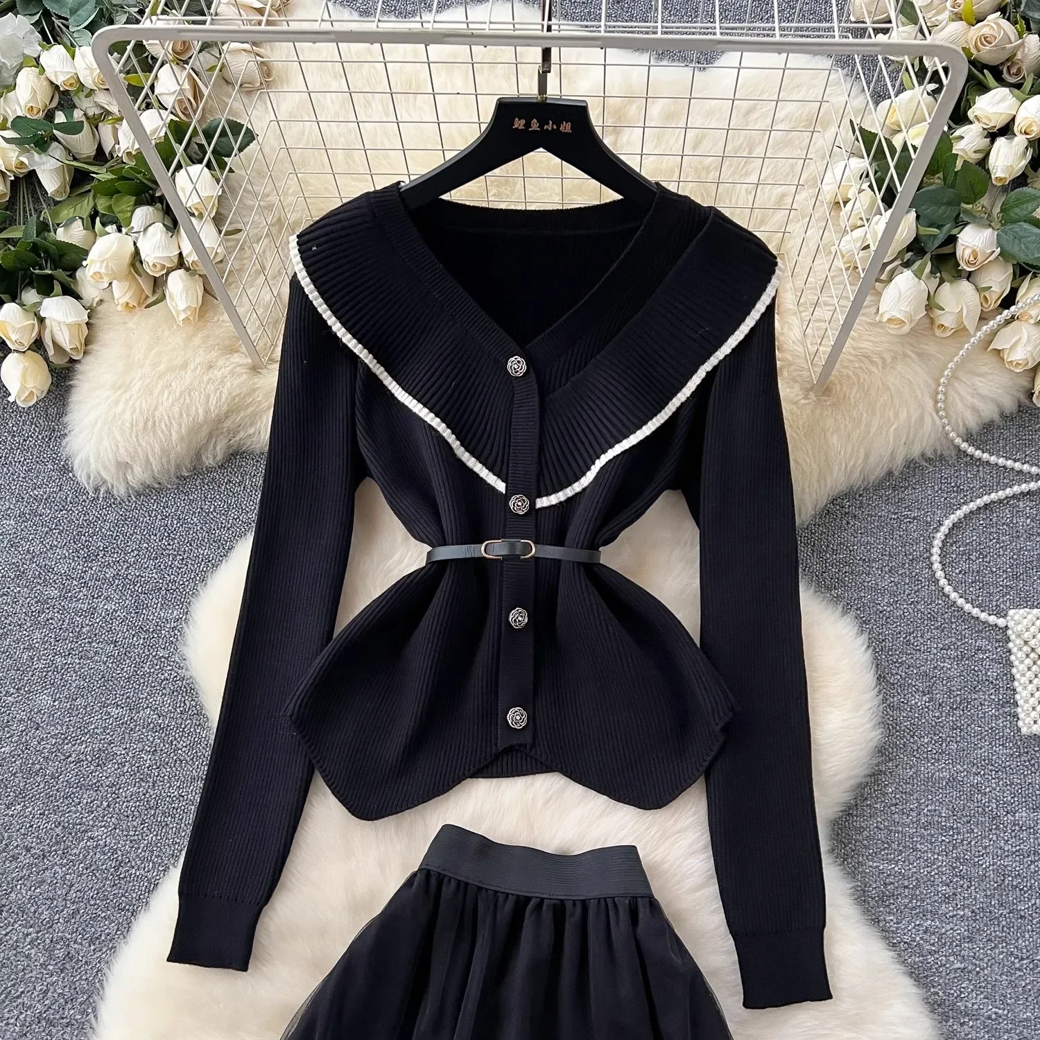 TRAF Autumn Winter Elegant Ruffles Buttons V Neck Pullover Belt Sweater Top + Mesh Midi Skirts Suit Female Knitted 2 Pieces Set