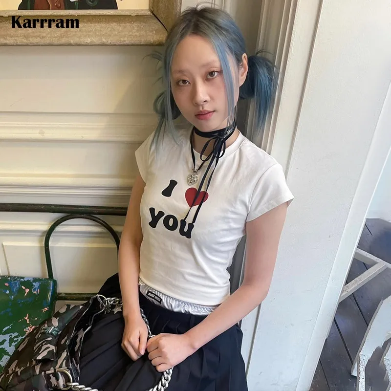 

Karrram Y2k Aesthetics Letter Print T-shirt Korean Fashion Short Sleeve Crop Top Vintage Japanese 2000s Slim Tee Shirt Grunge