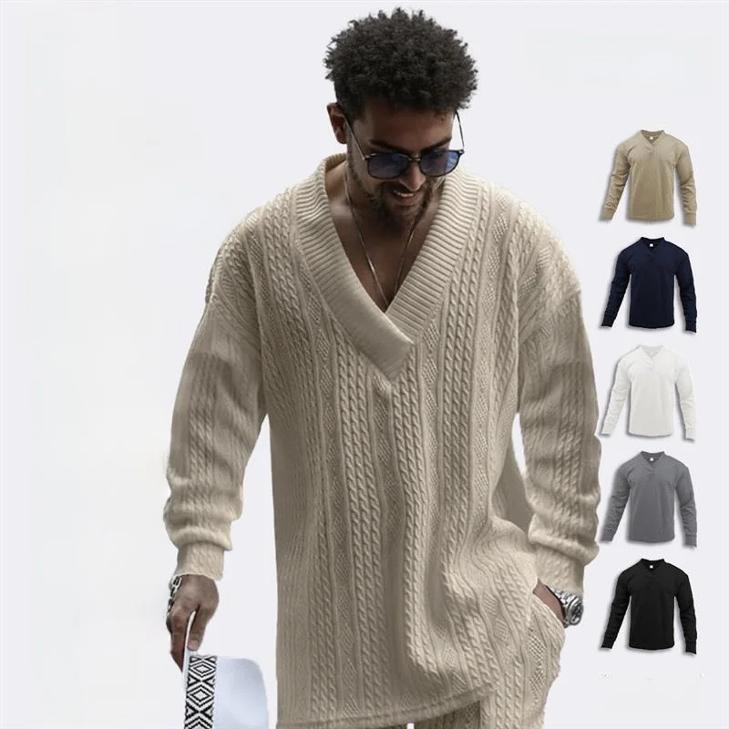 

Мужская повседневная свободная трикотажная футболка с длинным рукавом и V-образным вырезом, однотонная, дышащая, для весны и осени, удобная, из смесового полиэстера