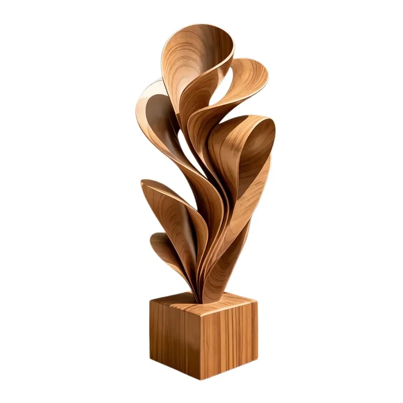 Chinese Style Solid Wood Curved Leaf Carving Ornament 32x80cm Freestanding Handicraft for Living Room Home Interior