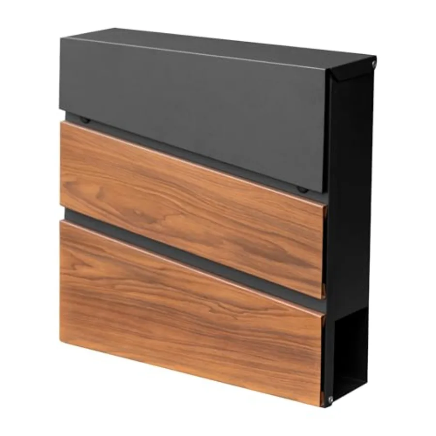 

Wall-Mount Mailbox, Wood-Grain Metal Panel, Modern Mailboxes for Outside, Large Capacity Security Drop Box with Lock, Metal Pos