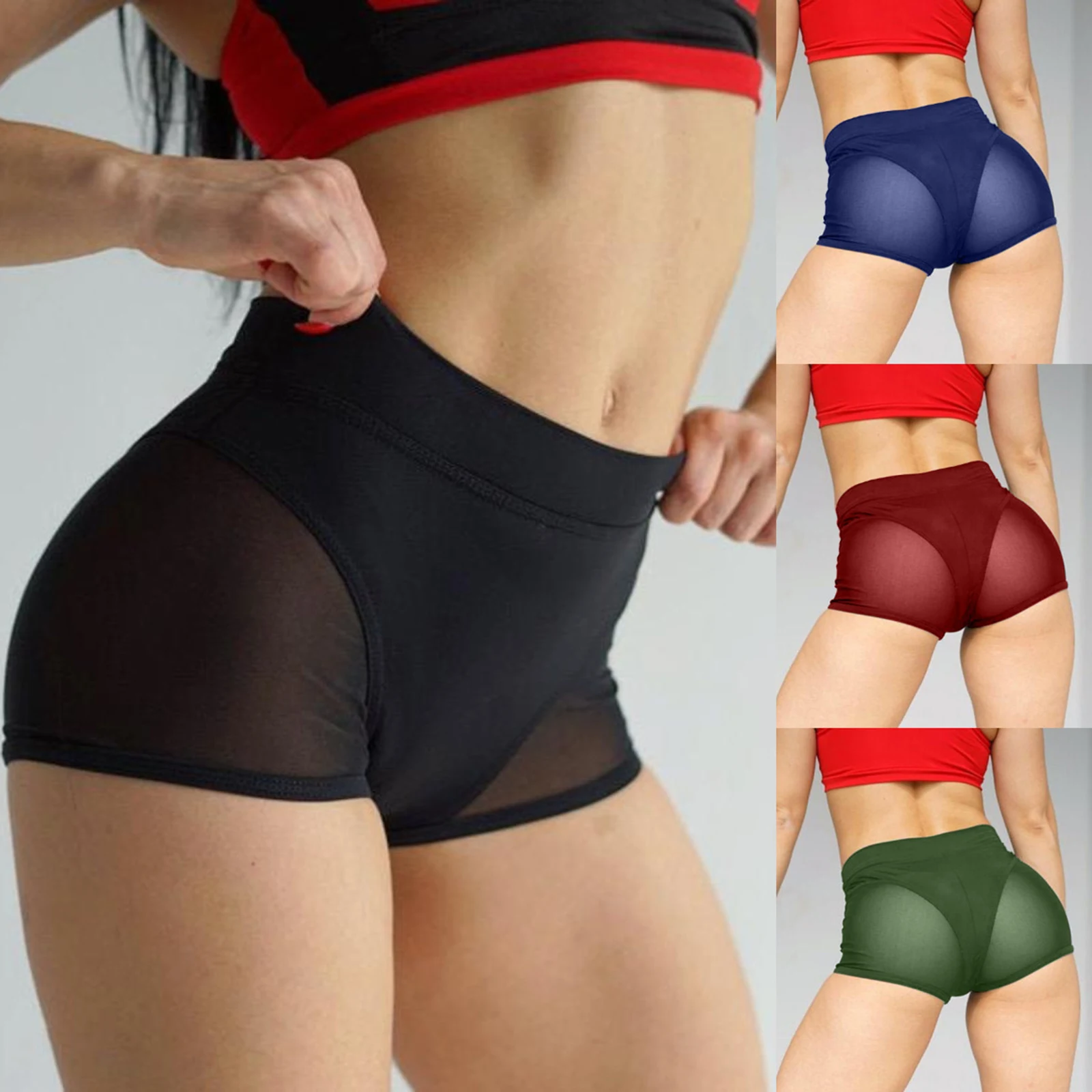 

Women Sexy High Waist Workout Fitness Shorts Female Cheer Booty Dance Shorts See-through Mesh Patchwork Pole Dancing Clubwear